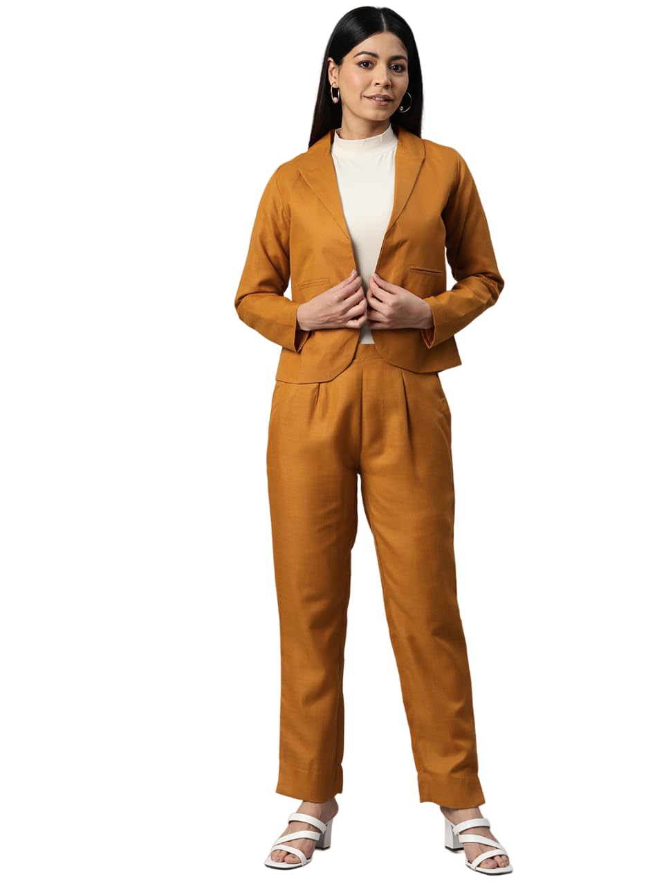 cottinfab Women Solid Mustard Blazer Co-ord-picture-12