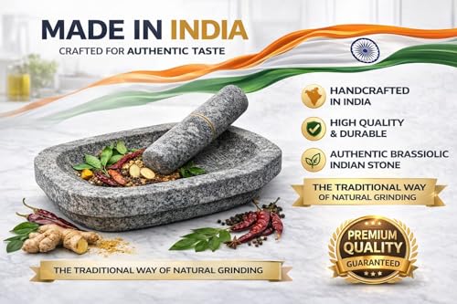 Image of Large Mortar Pestle for Kitchen | 2 Cup Capacity Silbatta for Chutney | Silbatta for Chutney /Okhli Musal /Rolu Rokali | Kalvam Spice, Herb & Masala Grinder | Durable Sil Batta Grinding Stone