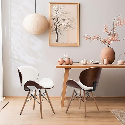 Image of BELLEZE Set of 2 Mid Century Modern Dining Chairs, Upholstered Faux Leather Walnut Curved Back Contemporary Kitchen Dining Accent Chair, Minimalist Vintage Style - Avalon (White)