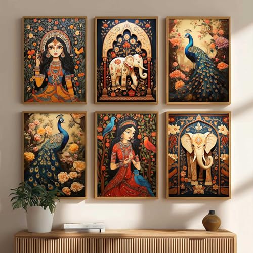 Image of kotart Premium Digital Madhubani Art Paintings with Frame for Home Decor - Framed Painting for Living Room Bedroom Office Room Decor - Painting for Wall Decoration - Pack of 6 (D)