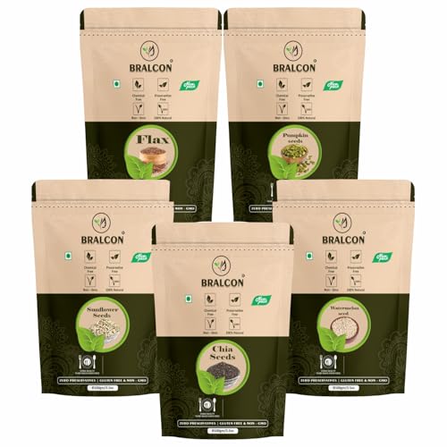 Image of BRALCON Seeds Combo of Chia, Watermelon, Pumpkin, Sunflower, Flax Seeds - 500g (5 x 100g Each Pack) | Unroasted Mix Seeds for eating with Omega 3 and rich in Fiber, Protein for Weight Loss