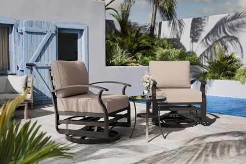 Image of Outdoor Patio Furniture Set, 3 Piece Aluminum Metal Chairs Swivel Rocker, Overstuffed Washable Cushions Bistro Set for Porch, Balcony, Deck, Garden