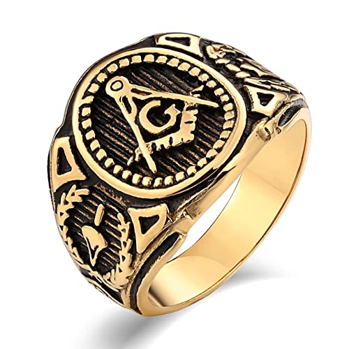 Whoiy Anillo de compromiso para hombre, dorado, estilo bohemio, vintage, de acero inoxidable, estilo punk, masónico, talla G masónica, personalizable, V 1/2, Sin piedras preciosas