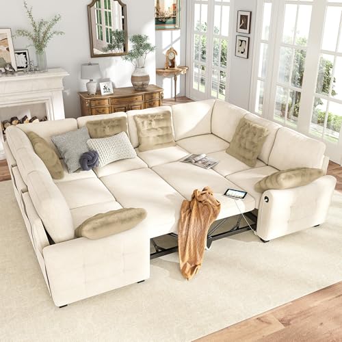 Image of Hanherry Sectional Couch with Pull Out Sofa Bed,Chenille Sleeper Sofa with 2 Seat Storage & USB Charging,Comfy L Shaped Modular Couches for Living Room,Apartment