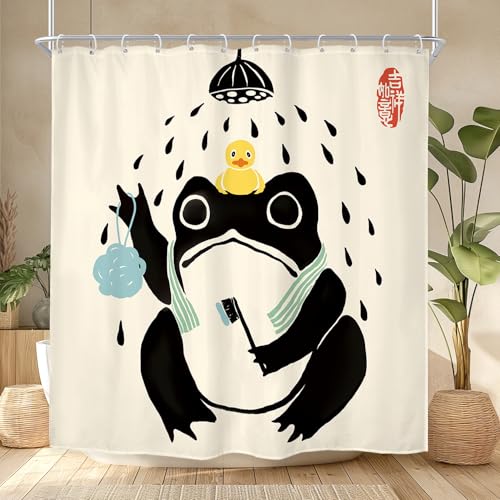 Lghtyro Funny Frog Shower Curtain Bathroom Set 71Wx71H Inches Asian Traditional Japanese Art Cute Animal Bath Style Rubber Duck Bath Accessories Retro Black Beige Art Home Decor Fabric 12 Pack Hooks thumb #1