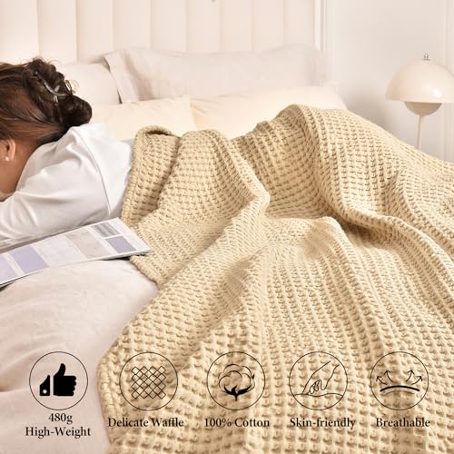 Image of PHF 400GSM 100% Washed Cotton Waffle Weave Blanket, Cozy Breathable Skin-Friendly Throw Queen Size for All Season, Luxury Fall Layer Bedspread for Couch Bed Sofa,Elegant Home Decor,Beige, 90 inch inch x90