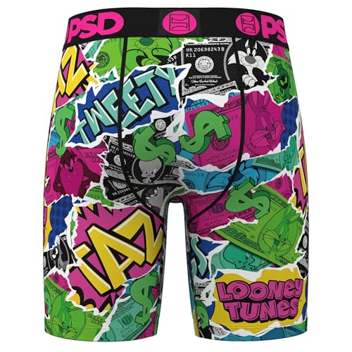 PSD Mens Boxer Briefs - Looney Money, 7 Inch Inseam, Moisture-Wicking, 4-Way Stretch, Boxer Briefs for Men Pack4