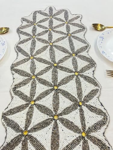 Image of Handmade Silver Gold Beaded Dining Table Runner | Decorative Console Runner for Dining Table, Festive Home Decor & Elegant Gifting | Luxury Handcrafted Bead Work Table Runner