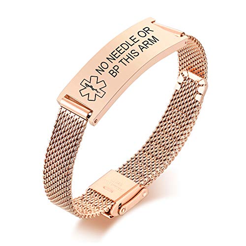 VNOX NO Needle OR BP This ARM Medical Alert Bracelets for Men & Women Kids with Adjustable Stainless Steel Mesh Emergency Medical ID Bracelets Wristband,Rose Gold Plated