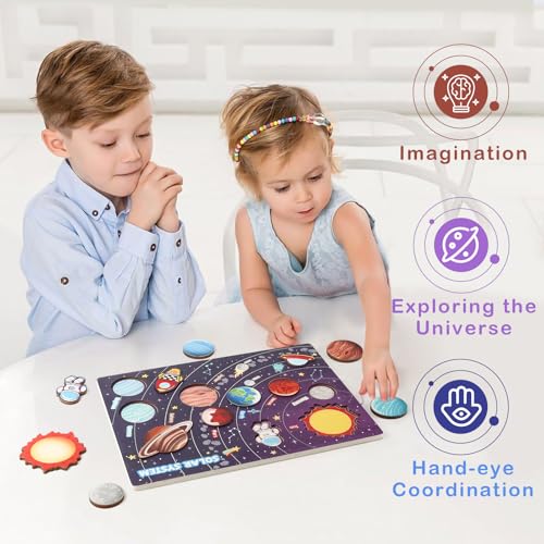 Wooden Solar System Puzzle for Kids, Toddler Toy Montessori Space Learning Board with Planets Prechool Educational STEM Toy for Boys & Girls Ages 3+