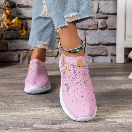 Hrtesus Women's Flower Rhinestone Sock Comfortable Slip On Sports Sneakers, Slip On Knitted Sock Sneakers with Arch Support Walking Shoes4