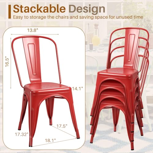 Image of Furmax Metal Dining Chair Indoor Outdoor Use Stackable Classic Trattoria Chair Chic Dining Bistro Cafe Side Metal Chairs Set of 4 (Cerise)