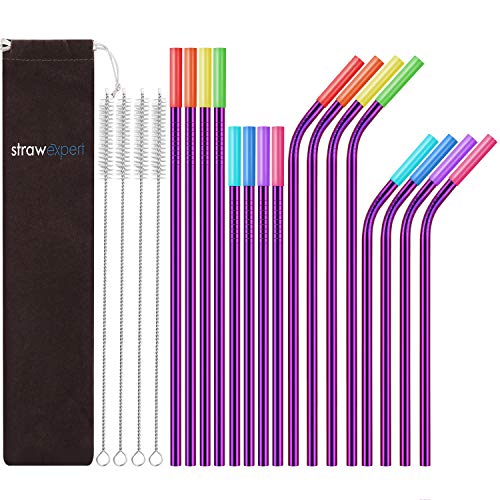 StrawExpert 16 Pack Purple Reusable Metal Straws with Silicone Tip & Travel Case & Cleaning Brush,Long Stainless Steel Straws Drinking Straw for 20 and 30 oz Tumbler