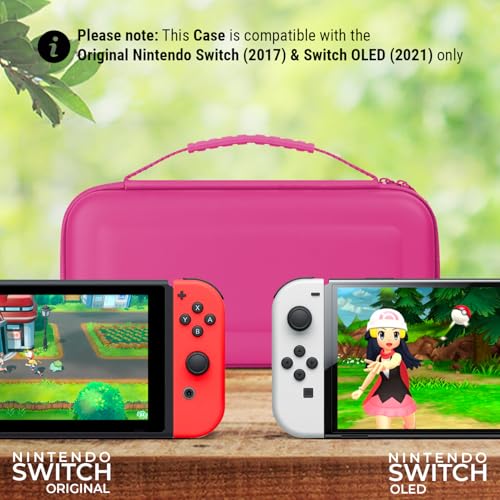 Image of Orzly Carry Case Compatible with Nintendo Switch and New Switch OLED Console - Pink Protective Hard Portable Travel Carry Case Shell Pouch with Pockets for Accessories and Games