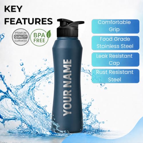 Image of Speedex Customised Stainless Steel Sipper Water Bottle 1 Ltr with Engraved Name - Personalised Flip Cap Bottle for Kids, Adults, School, Sports, Gym, Teal Blue, Set of 1