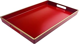 Red Decorative Tray, Rectangular Serving Tray with Handles, Plastic Coff...