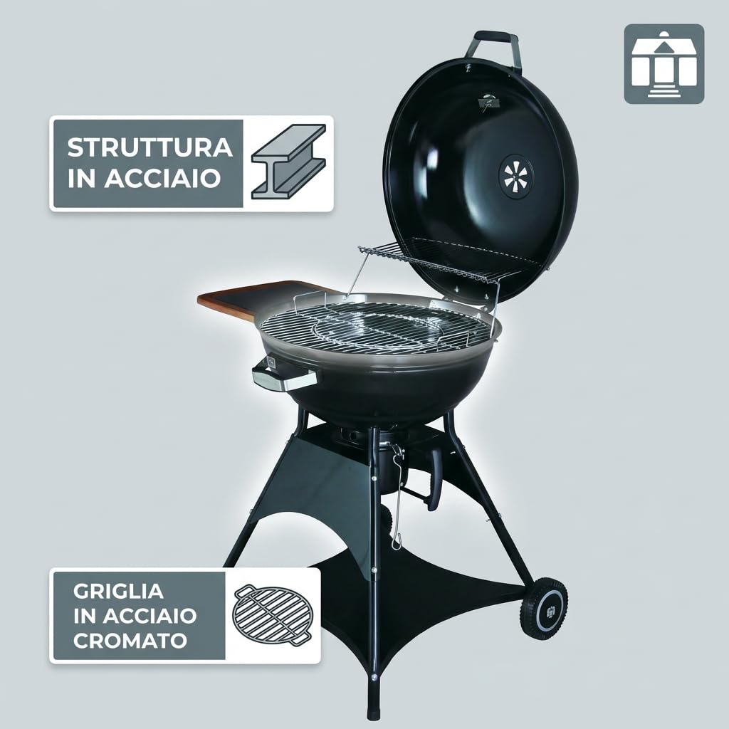 Tarrington House Barbecue a Carbone Burnaby Ø 53 cm, Acciaio, con Tavolino Laterale Pieghevole, 2 Ruote, Nero