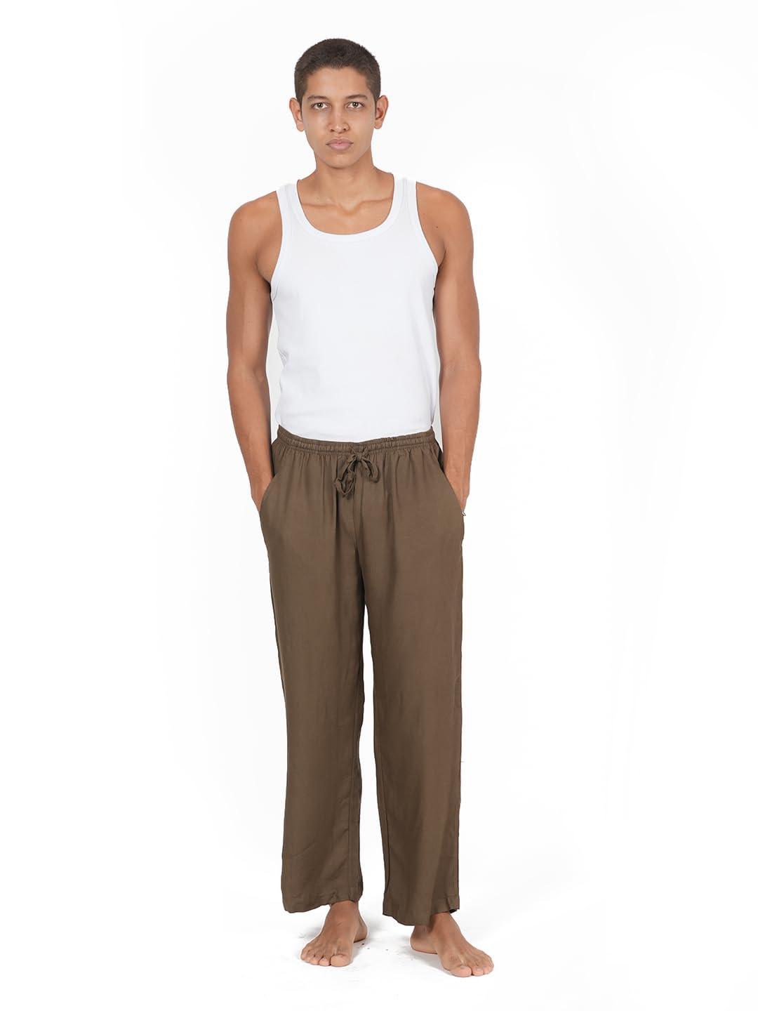 Men's Linen Solid Pyjamas Pants | Lower/Track Pant, Lounge Wear, Night Wear Pajama Pant for Men (Brown, M)-image-2