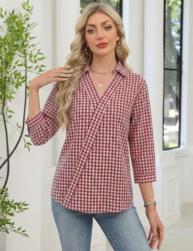 Image of LOMON 3 /4 Length Sleeve Womens Tops Dressy V Neck Collared Shirts Trendy Business Casual Work Blouses Vacation Outfits 2026