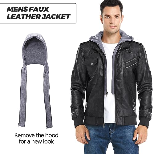 JYG Men's Faux Leather Jacket Stand Collar Motorcycle Bomber Jackets with Removable Hood2