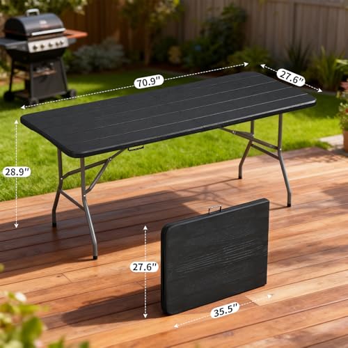 Image of BestOffice 6 FT Picnic Table, Portable Plastic Folding Table with Carrying Handle Perfect for Picnics, Parties, Party and Camping, Black Wood Grain