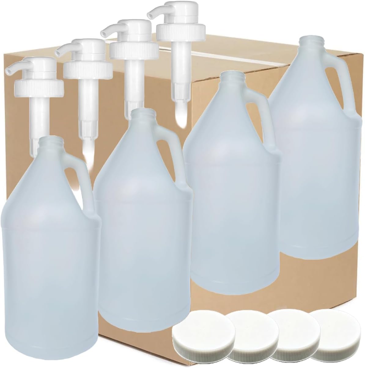 1 Gallon Plastic Jug (4-Pack) Reusable Food-Safe, Heavy-Duty HDPE Containers for Water, Sauces, Soaps, Detergents, Liquids with Screw-On Safety Cap and Pump Cap (Transparent, 1 Gallon) (4-Pack)