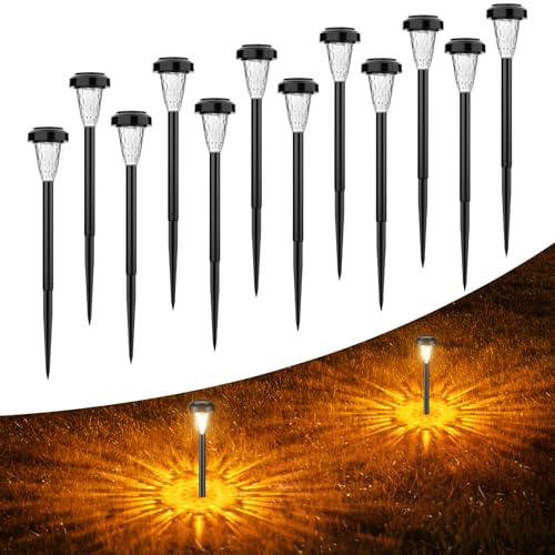 FIFlying Lampada Solare Giardino Esterno 12 Pezzi, 2 Modalità Bianca Calda Luci da Esterno Giardino Solare, IP65 Impermeabile Luci Solari Esterno per Giardino, Cortile, Sentieri, Prato, Paesaggio