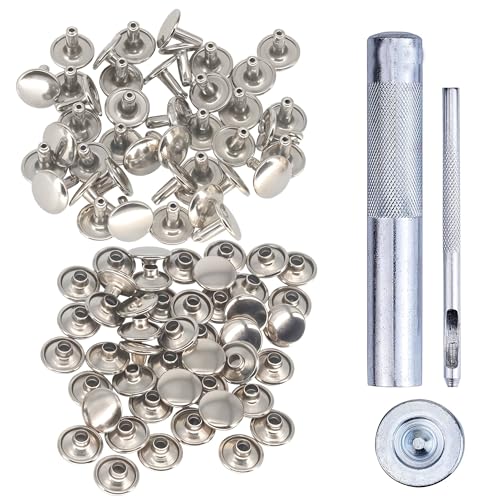 Trimming Shop 100 Set Double Cap Rivets with Fixing Tool Set, Leather Rivets Tubular Metal Studs with 3 Pieces Hand Tool for Repair Clothing, Lathercrafts, Handbag Decoration, Silver, 10mm
