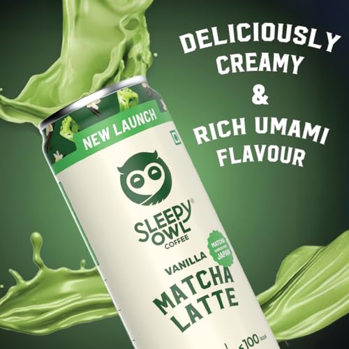 Image of Sleepy Owl Vanilla Matcha Latte Can, Ready-to-Drink Matcha Tea Beverage, Authentic Matcha Sourced from Japan, Smooth & Creamy Taste, Pack of 4 Cans (220 ml Each)
