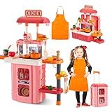 3-in-1 Kids & Toddler Play Kitchen - Interactive Kitchen Playset with Real Cooking Sounds & Lights, 50 Accessories & Flowing Water Feature, Portable Travel Suitcase Design Learning Toys for Ages 2-6