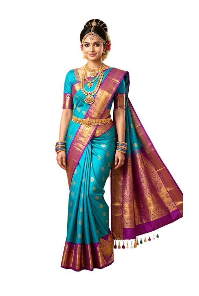vfcollections Women's Traditional Handloom Kanchipuram Silk Saree with Rich Royal Golden Zari and Traditional Border – | Rich Zari Woven Design | Bridal Saree | Unstitched Blouse-picture-48