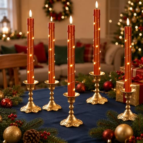 Image of JOIONE Flameless Taper Candles with Remote,6Pcs Flickering LED Xmas Decor | Reddish Brown, Battery Operated Candle Arounded with Starlight String, Christmas Home Decor for Living Room and Dining Table