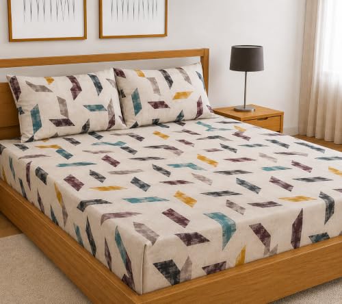 Image of Fitted Bedsheet White Multicolor Abstract Print Glace Cotton 210 TC | King Size for Double Bed Fits 6 x 6.5 ft Mattress (72 x 78 Inch) | All Around Elastic | 2 Pillow Covers | 10 Inch Deep Pocket