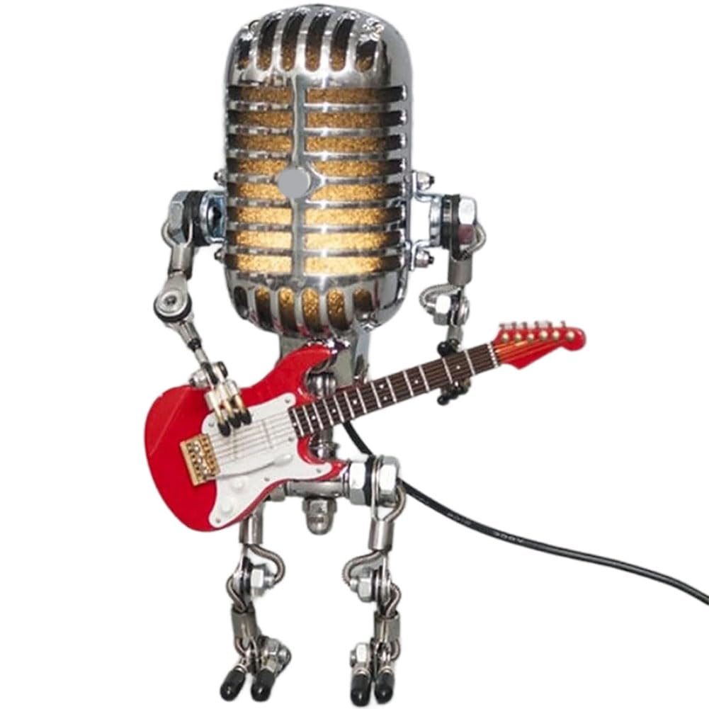 worien Retro Style Vintage Microphone Robot Desk Lamp, Vintage Microphone Robot Touch Dimmer Lamp Table Lamp Red