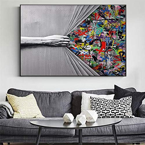 Toile street art graffiti mains modernes derrière rideau 35x50cm sans cadre pour salon