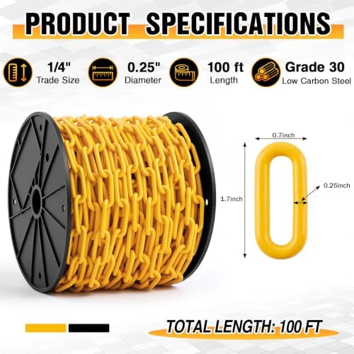ElaraBerry 1/4" Yellow Safety Chain on Reel 100FT, Heavy Duty Welded Steel Barrier Chain with Spool, High Visibility Industrial for Crowd Control, Parking Lot, Driveway Safety, Construction Zones - 1