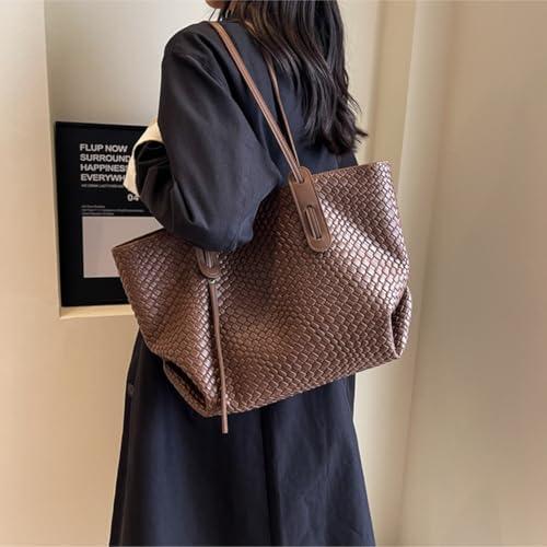 Image of Womens Fashion Luxury Large Leather Woven Leather Tote Handbag Shoulder Bag Women Top Handle Satchel Handbag Work