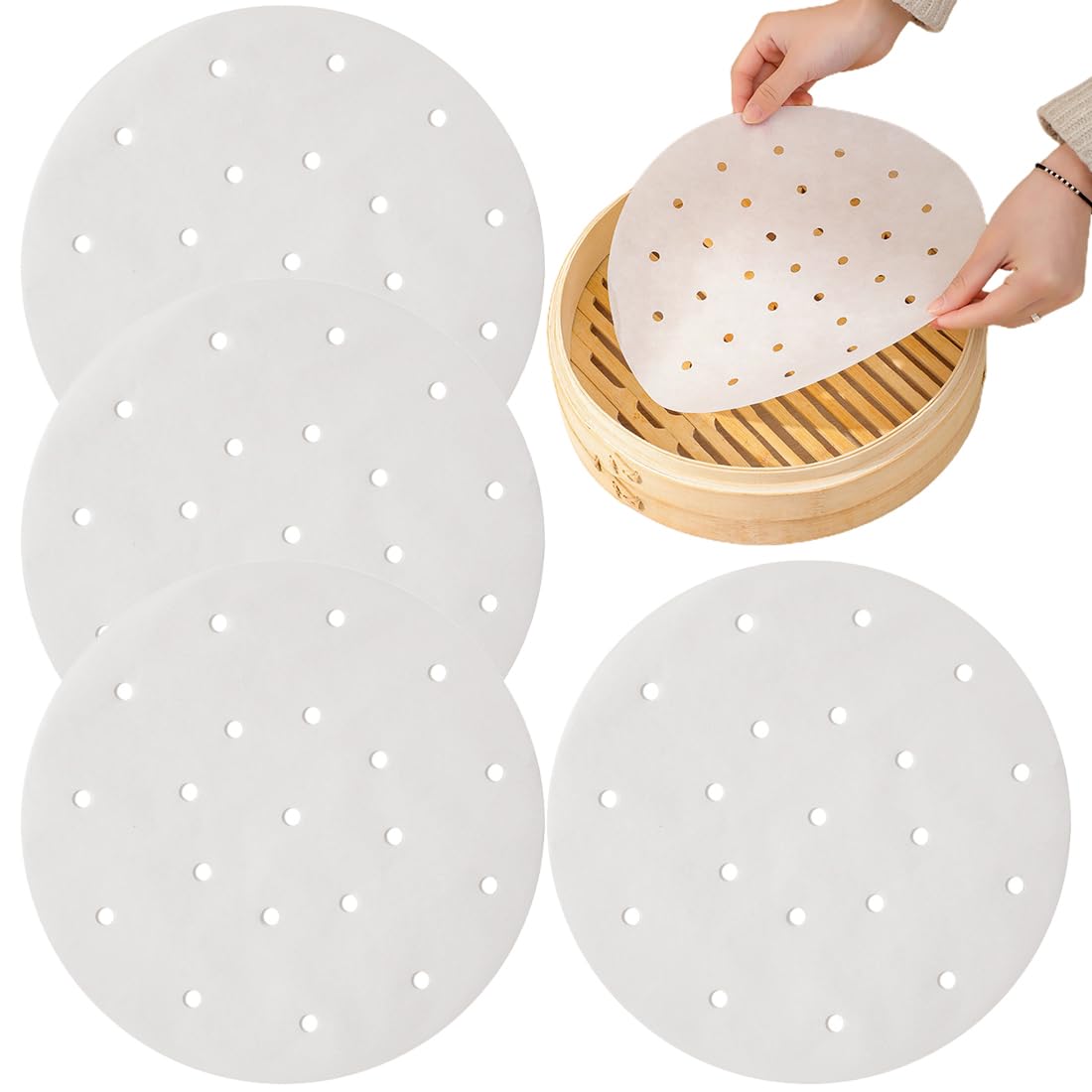 100 Pcs Papel de Horno Redondo de 24CM, Papel para Cocinar al Vapor y Freidora de Aire, Antiadherente, Perforado, Blanco (9,5")