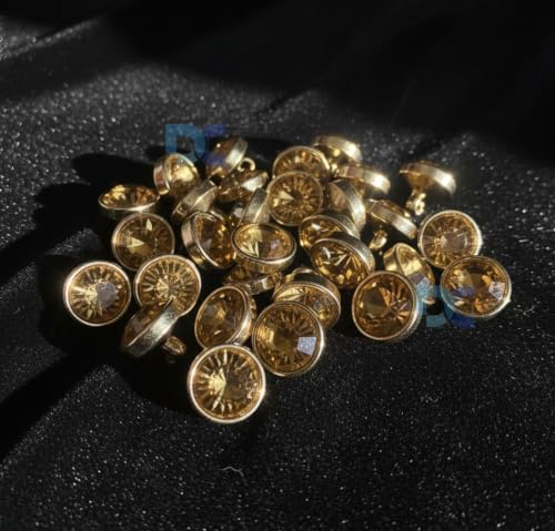 Image of Crystal Amber gold Rhinestone Buttons (Size-18L) for Sewing & Craft | Gold Rim Designer Button for Blouse, Kurti, Dresses, DIY Craft & Decorations | Pack of 12 | Shiny Diamond Cut for Women's Clothing