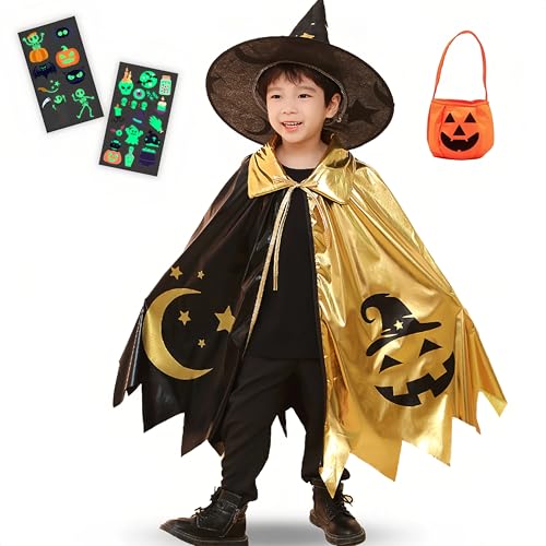 [Buoniganuo] ハロウィン コスプレ 子供 マント コスプレ服 魔女 魔法使い マント 仮装 キッズ 男の子 女の子 男女兼用 ハロウィン パーティー イベント キラキラ カボチャ ポンチョ 演出服 帽子 ゥーシール パンプキン手提げバッグ付きのサムネイル