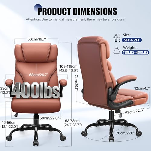 Image of Primy Office Chair, Ergonomic Leather Desk Chair with Flip-up Armrests, Big and Tall High Back Executive Computer & Gaming Chair with Footrest, Comfy Padded, Rocking Function and Lumbar Support(Brown)