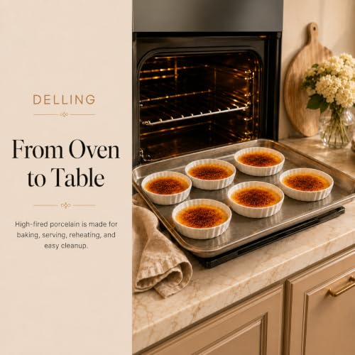 Delling Creme Brulee Ramekins - 6 Piece Set, 8 oz Round Fluted Quiche Dishes, Oven Safe, White - Image 6