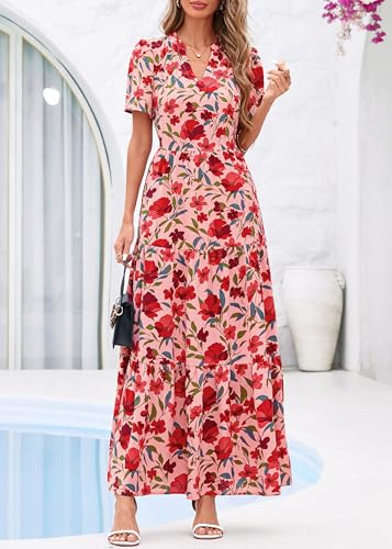 Image of KIRUNDO Womens Floral Boho Flowy Maxi Dress | Short Sleeve, V Neck, Empire Waist, A Line, 2026 Summer Beach Vacation Long Dresses With Pockets, Cocktail Party Outfits