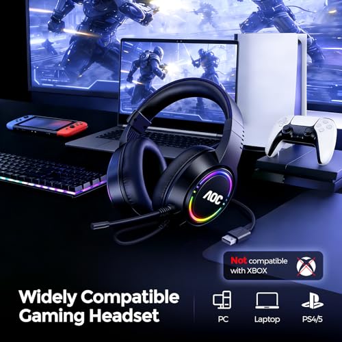 Image of AOC Gaming Headset, Black Wired Gaming Headphones with 50mm Drivers, RGB USB Corded Headphone for PC /Laptops, Over Ear Headset with Mic for PS4 /PS5 /NS Switch(Docked Mode), ACG2510