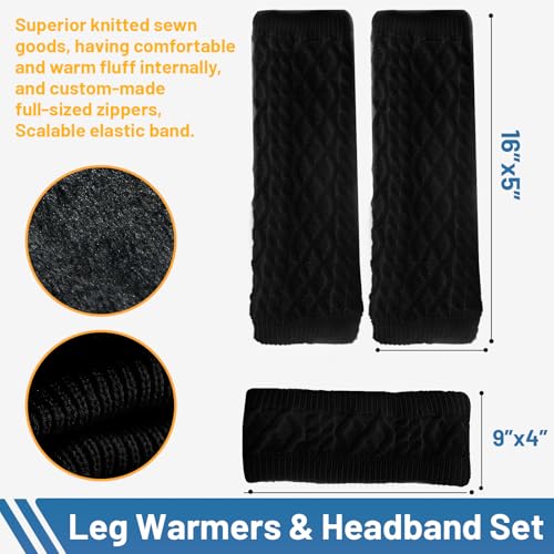 Image of TUYUU Zipper Leg Warmers and Headband Set, Fleece Lined Knit Legwarmers for Figure Skating, Ice Skating, Dance & Hockey