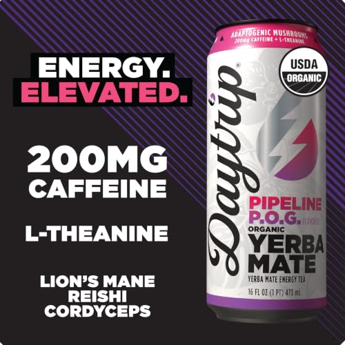 Image of Daytrip Organic Yerba Mate Energy Drink- Clean, Plant Based Caffeine (200mg) with Adaptogenic Mushrooms and Green Tea for Focus and Brain Fog - Low Calorie, Low Sugar (12 Pack Case) (Pipeline POG)