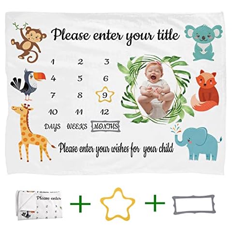 Buaodam Custom Baby Milestone Blanket with Theme and Wishse for Boy Girl Unisex Baby, Personalized Shower Gifts New Moms,Track Age & Growth Age Mat (Animal) Cover