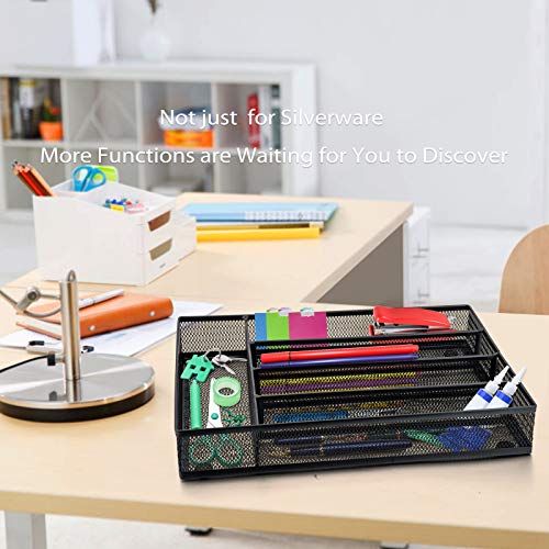 E-Far Kitchen Drawer Organizer, Mesh Wire Utensil Tray Drawer Organizer, Black Narrow Metal Silverware Flatware Cutlery Holder/Divider With Foam Feet, 5 Compartment & Small Size - 12.5 X 9.25-Inch #TOP5