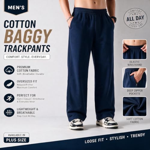 Image of MARK LOUIIS Men's Baggy Trackpants | Regular Fit Cotton Sweatpants with Drawstring Waist & Side Zipper Pockets | Oversized Casual Track Pants for Gym
