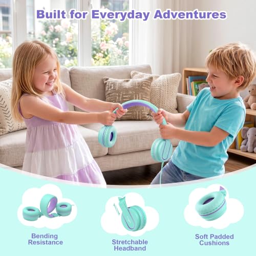 Image of AILIHEN I35 Kids Headphones for School with Mic, 93dB Volume, Green Purple | Wired On Ear Headphones for Girls Boys, 3.5mm Foldable Lightweight for Classroom Chromebook, Laptop, Computer, Tablet